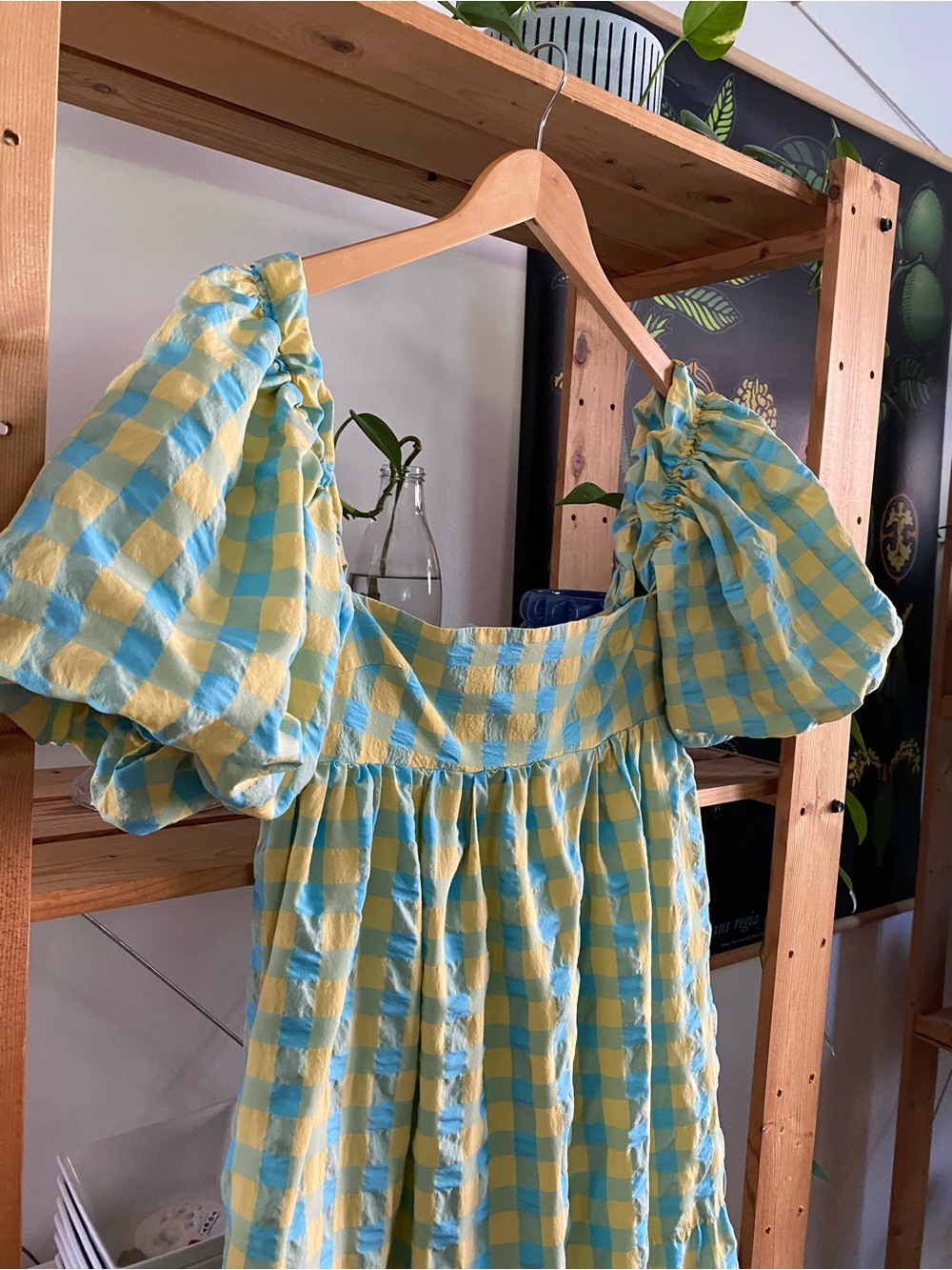 Zara Blue Yellow Gingham Plaid Seersucker Midi Maxi Dress XS - Picture 9 of 16